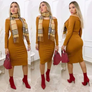 Vestido Colado Manga Longa Ombro a Ombro Canelado Tubinho Midi Feminino - Marsala