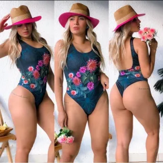 Moda Praia Feminina - Maiô Elástico nas Costas - FOLHA COSTELA DE ADAO