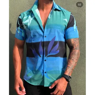 Manga Curta Masculina Estampada Social Camisa - Preto Flowers 4