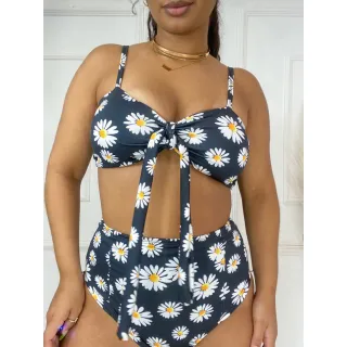 Feminino Biquíni Estampado Cintura Alta Laço Hot Pants CD033 - Listrado preto