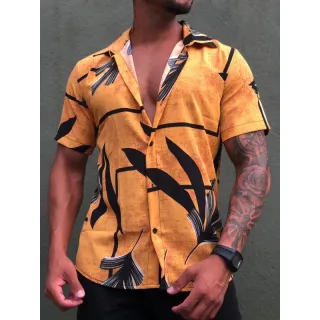 Camisa Havaiana Masculina Floral Florida Verão 2023 - Azul claro branco com preto