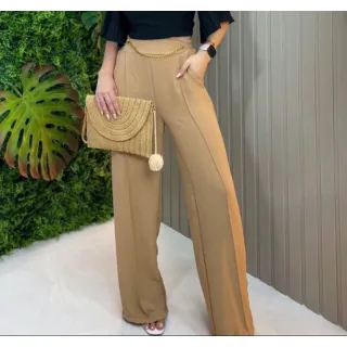 Calça Pantalona Duna-003 Elástico Cintura Corrente Atrás - Caqui