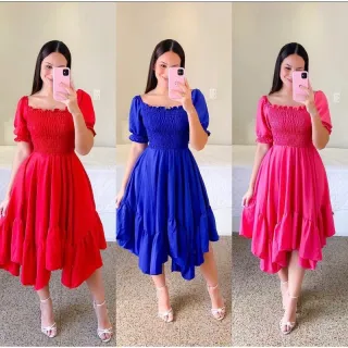 Manga Bufante Vestido Midi Moda Evangélica Curto - Azul marinho manga bufante