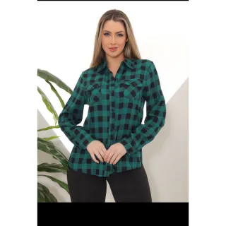 Bolso Longa Xadrez Camisa Feminina com - Preto e Branco