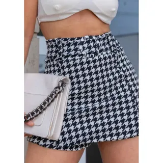 Moda Inverno: Saia Pied Poule Gringa Curta - Cós Alto - P