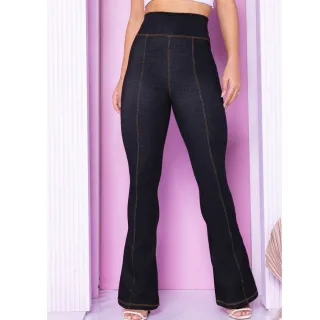 Calça Feminina Cintura Alta Flare Jeans Boca de Sino Fake - Preto