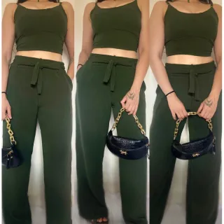 Calça pantalona e cropped feminino em alfaiataria duna areia - Rosa