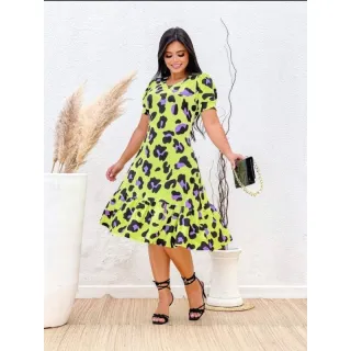 Moda Evangélica: Vestido Premium Midi Animal Print com Babados em Viscolaycra - Verde