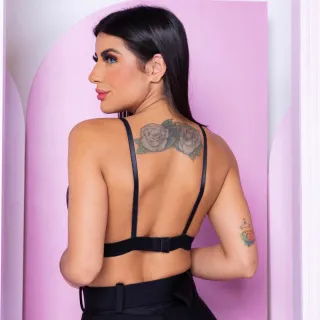 Moda balada: Cropped vinil brilhoso fake com bojo - tendência regata - Preto