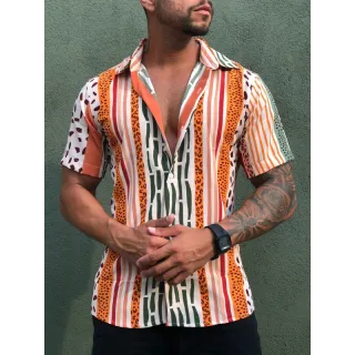 Camisa Havaiana Masculina Floral Florida Verão 2023 - Azul claro branco com preto