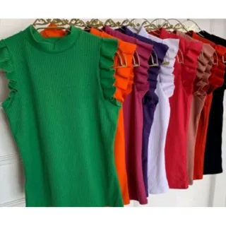 Blusa Feminino Babado Girassol Regata Canelada - Azul Petroleo