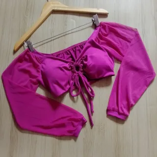 Blusa manga longa tule cropped - Fúcsia