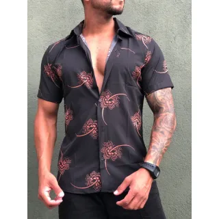 Camisa Havaiana Masculina Floral Florida Verão 2023 - Azul claro branco com preto