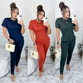 Jacquard Super Elegante Conjunto Feminino de Calça e Blusa - Rosa Pink