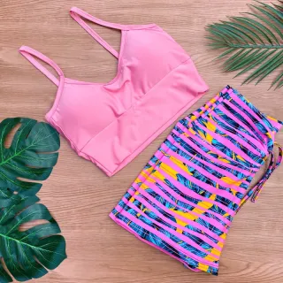 Conjunto Fitness Feminino Estampado - Cropped Top com Bojo e Short de Cordinha Regulagem - Estampa 2