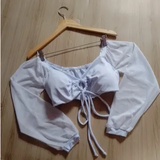 Blusa manga longa tule cropped - Fúcsia