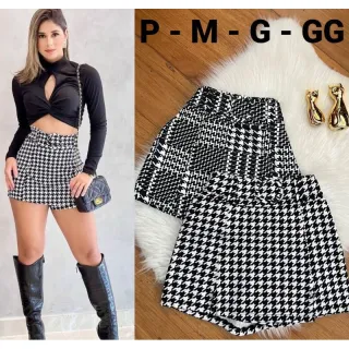 Moda Inverno: Saia Pied Poule Gringa Curta - Cós Alto - P