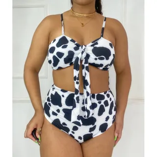 Feminino Biquíni Estampado Cintura Alta Laço Hot Pants CD033 - Listrado preto