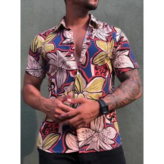 Verão2021 Masculina Havaiana Floral Florida Camisa Social - Branco com amarelo l