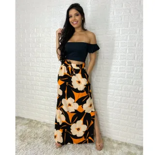Moda Evangélica - Saia Longa Feminina com Fenda Lateral e Bolso