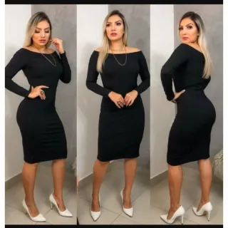 Vestido Colado Manga Longa Ombro a Ombro Canelado Tubinho Midi Feminino - Marsala