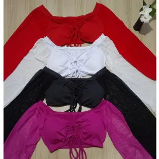 Blusa manga longa tule cropped - Fúcsia