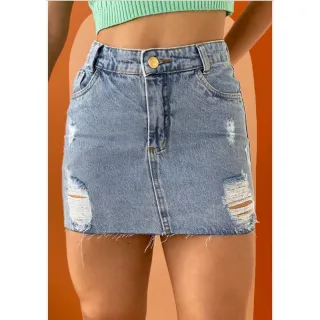 Saia Feminina Jeans Curta com Barra Desfiada e Cintura Alta do 36 ao 46 - SAIA JEANS AZUL MÉDIO