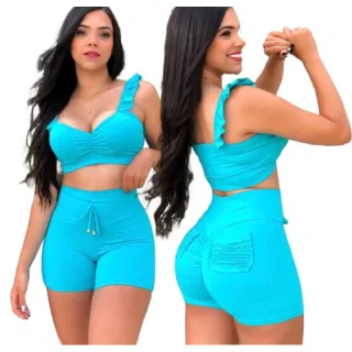 SHORT LEVANTA BUMBUM e CONJUNTO Fitness Feminino: Top para Academia - Bumbum Preto