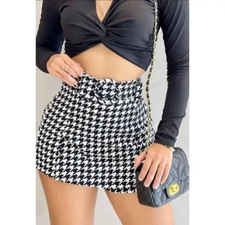 Moda Inverno: Saia Pied Poule Gringa Curta - Cós Alto - P