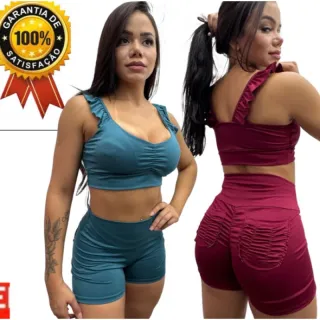 SHORT LEVANTA BUMBUM e CONJUNTO Fitness Feminino: Top para Academia - Bumbum Preto