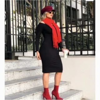 Vestido Colado Manga Longa Ombro a Ombro Canelado Tubinho Midi Feminino - Marsala