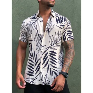 Verão2021 Masculina Havaiana Floral Florida Camisa Social - Branco com amarelo l