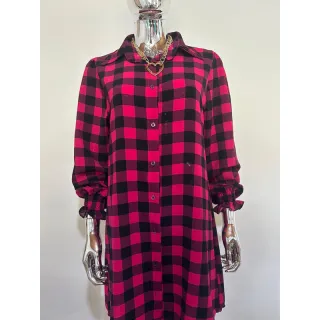 Chamise Vestido, Xadrez Punho Camisa Feminina - Rosa