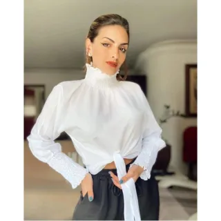 Blusa social cropped manga longa feminino gola alta - MILITARR