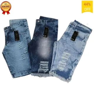 Moda masculina: Kit com 3 Bermudas Jeans Claro Rasgadas Premium - 3 BERMUDA JEANS VARIADAS