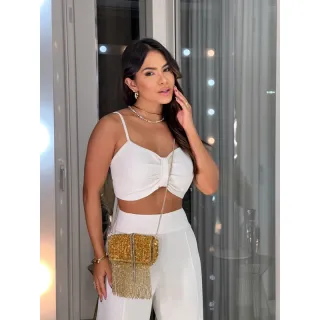 Conjunto Pantalona Moda Blogueira: Croped Amarração e Alças Reguláveis - Vermelho