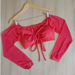 Blusa manga longa tule cropped - Fúcsia