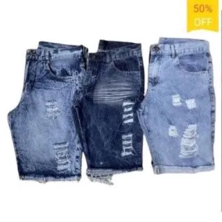 Moda masculina: Kit com 3 Bermudas Jeans Claro Rasgadas Premium - 3 BERMUDA JEANS VARIADAS