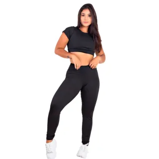 Conjunto Academia Calça Legging Cintura Alta + Top Cropped - Kit 2 | Raryel - Preto/Bic
