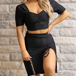 Alta Qualidade Saia Midi Amarração Fenda Lateral Franzida - Onça