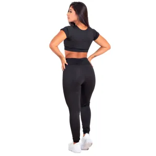 Conjunto Academia Calça Legging Cintura Alta + Top Cropped - Kit 2 | Raryel - Preto/Bic