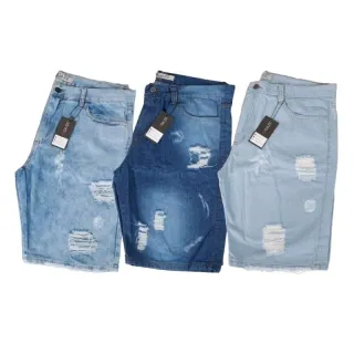 Moda masculina: Kit com 3 Bermudas Jeans Claro Rasgadas Premium - 3 BERMUDA JEANS VARIADAS