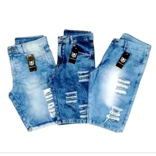 Moda masculina: Kit com 3 Bermudas Jeans Claro Rasgadas Premium - 3 BERMUDA JEANS VARIADAS