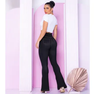 Calça Feminina Cintura Alta Flare Jeans Boca de Sino Fake - Preto