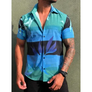 Verão2021 Masculina Havaiana Floral Florida Camisa Social - Branco com amarelo l