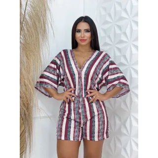 Moda Feminina Malha Romantic Macaquinho Casual Listrado Gola V Manga Flare - Bordo-branco