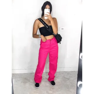 Calça Flare Feminina Wide leg em Sarja com Bolso Lateral Cargo - Bege