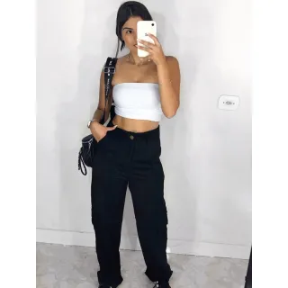 Calça Flare Feminina Wide leg em Sarja com Bolso Lateral Cargo - Bege