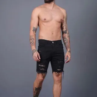 Env/24h Kit Premium: 3 Bermudas Jeans Masculinas Rasgadas e Desfiadas - PRETA/BRANCA/ESCURA
