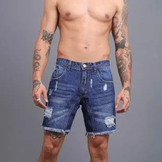 Env/24h Kit Premium: 3 Bermudas Jeans Masculinas Rasgadas e Desfiadas - PRETA/BRANCA/ESCURA